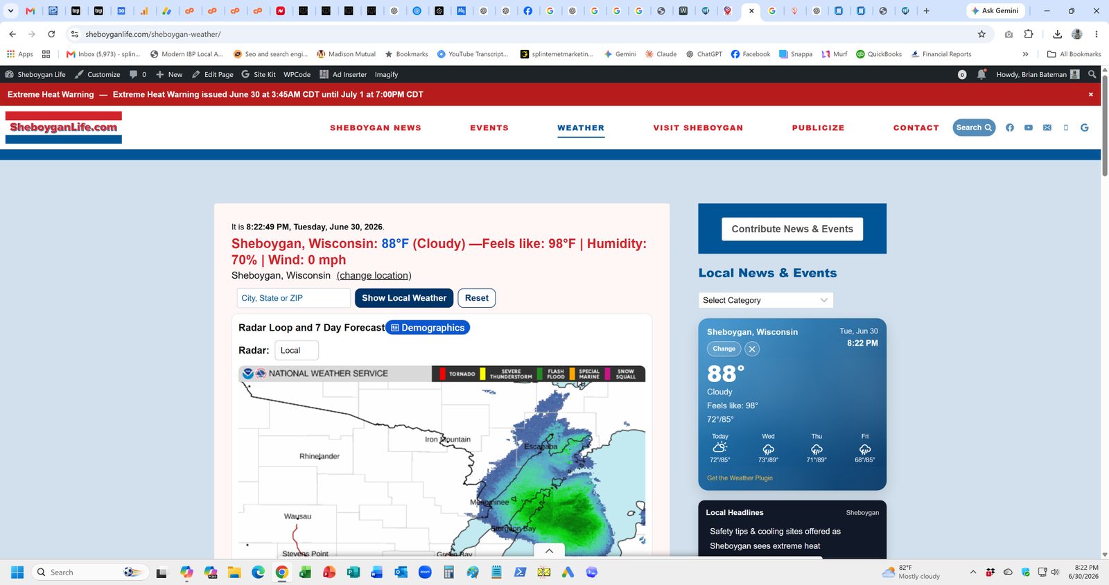 Sheboygan Life weather page with local alert and forecast